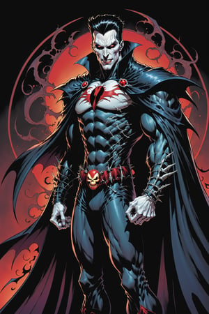 midshot, cel-shading style, centered image, ultra detailed illustration of the comic character ((male Spawn Dracula, by Todd McFarlane)), posing,  he has black  hair, black suit with a skull emblem, long flowing cape, ((Half Body)), (tetradic colors), inkpunk, ink lines, strong outlines, art by MSchiffer, bold traces, unframed, high contrast, cel-shaded, vector, 4k resolution, best quality, (chromatic aberration:1.8)