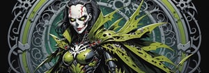 midshot, cel-shading style, centered image, ultra detailed illustration of the comic character ((Female Spawn  marge Mechanoid robot by Todd McFarlane)), posing, Olive Green gray and black suit with a skull emblem, ((Full Body)), ornate background, (tetradic colors), inkpunk, ink lines, strong outlines, art by MSchiffer, bold traces, unframed, high contrast, cel-shaded, vector, 4k resolution, best quality, (chromatic aberration:1.8)