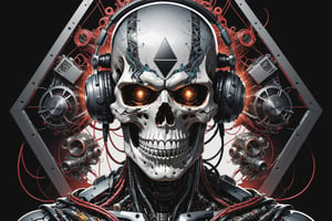 

A mesmerizing, ultra-detailed illustration  in a It's just three mens characters cyborg skull robot portrait inside a triangle, they mixing, like tekno tribe visual free party with speaker and sub bass around him, audio speaker sono Inside and Intricate cable and electronic device in vector illustration design, black and withe, no grey level, illustration with black background no gradient, logo style, for printing ready, in a powerful pose, High-key lighting illuminates the scene, showcasing the perfect anatomy, Strong outlines and bold traces define the cel-shaded, vector illustration, rendered in 4K resolution. The overall atmosphere is unsettling yet motivational, evoking the styles of Glenn Brown, Carne Griffiths, Alex Ross, Artgerm, James Jean Bangs, and Todd McFarlane.