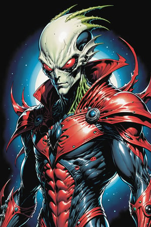 midshot, cel-shading style, centered image, ultra detailed illustration of the comic character ((male Spawn Space Alien, by Todd McFarlane)), posing, in creepy alien space suit, ((Half Body)), (tetradic colors), inkpunk, ink lines, strong outlines, art by MSchiffer, bold traces, unframed, high contrast, cel-shaded, vector, 4k resolution, best quality, (chromatic aberration:1.8)