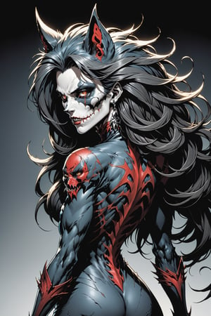 midshot, cel-shading style, centered image, ultra detailed illustration of the comic character ((female Spawn Wolf lady, by Todd McFarlane)), posing, long black long hair, Gray rust, and black suit with a skull emblem, ((view from Behind she’s looking over her shoulder)),  ((she has a wolf snout)), ((Full Body)), ((view from behind)), ((perfect hands)), (tetradic colors), inkpunk, ink lines, strong outlines, art by MSchiffer, bold traces, unframed, high contrast, cel-shaded, vector, 4k resolution, best quality, (chromatic aberration:1.8)