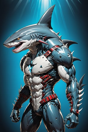 midshot, cel-shading style, centered image, ultra detailed illustration of the comic character ((Spawn , A cyborg (((Hammerhead shark))) combines raw natural power with advanced technology. This fearsome creature features a blend of organic scales and sleek metallic components. His limbs are reinforced with steel plating and hydraulic joints, enhancing its strength and agility. Cybernetic eyes glow with a menacing light, capable of night vision and advanced targeting. (((The Hammerhead  shark))) claws are replaced with razor-sharp. This fusion of beast and machine creates a formidable predator, both in the wild and in combat scenarios.,exosuit, by Todd McFarlane)), posing, with a skull emblem,   (((Full Body))), accent color, gray,white, black and blue, (tetradic colors), inkpunk, ink lines, strong outlines, art by MSchiffer, bold traces, unframed, high contrast, cel-shaded, vector, 4k resolution, best quality, (chromatic aberration:1.8)