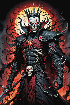 midshot, cel-shading style, centered image, ultra detailed illustration of the comic character (( Spawn   Halloween-style fantasy world image featuring a terrifying undead king with a skull face and glowing red eyes. Envision the king adorned in torn black and red dark clothes, wielding a deadly, sinister spiky weapon. Specify a dark fantasy-style atmosphere with chilling details, capturing the sinister essence of this undead monarch. Request a visually striking composition that blends the elements of horror and fantasy, creating a haunting masterpiece perfect for the Halloween theme by, Todd McFarlane)), posing,  he has black  in traditional Indian attire with a skull emblem, ((holding a A spear)),  (((Full Body))), (((perfect hands))),(((realistic hands))),(((accurate hands))), (tetradic colors), inkpunk, ink lines, strong outlines, art by MSchiffer, bold traces, unframed, high contrast, cel-shaded, vector, 4k resolution, best quality, (chromatic aberration:1.8)