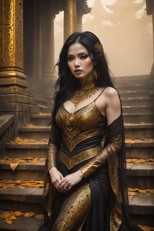 Hauntingly beautiful woman posed on weathered temple steps, shrouded in thick golden fog that morphs into eerie aura. Softly lit by warm orange-golden tones, her pale skin and black hair contrast against dark brown leather attire, complete with intricate filigree patterns. Dripping oil textures add a sense of decay to the scene. Her closed hands cradle her muscular figure, emphasizing its definition. The dramatic lighting casts stark catchlights and shadows, highlighting her haunting beauty amidst the desolate temple backdrop.