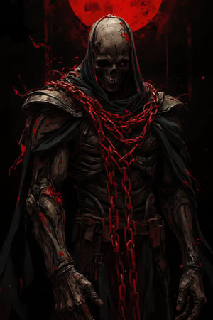 abstract art, a death reaper stand with many of darkness red chains, poster style, cinematic mood, low key style, black background, the art so complex with grunge stroke,cinematicxhan,grungeartxhan83,hanxdeadcyborg83