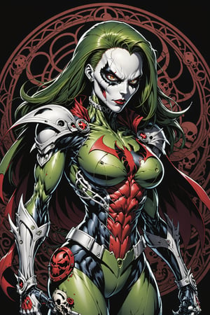 midshot, cel-shading style, centered image, ultra detailed illustration of the comic character ((Female Spawn  cyborg by Todd McFarlane)), posing, Olive Green gray and black suit with a skull emblem, ((Full Body)), ornate background, (tetradic colors), inkpunk, ink lines, strong outlines, art by MSchiffer, bold traces, unframed, high contrast, cel-shaded, vector, 4k resolution, best quality, (chromatic aberration:1.8)