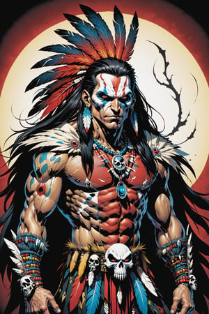 midshot, cel-shading style, centered image, ultra detailed illustration of the comic character ((male Spawn American Indian, by Todd McFarlane)), posing,  he has black  in traditional Indian attire with a skull emblem, (((Full Body))), (tetradic colors), inkpunk, ink lines, strong outlines, art by MSchiffer, bold traces, unframed, high contrast, cel-shaded, vector, 4k resolution, best quality, (chromatic aberration:1.8)