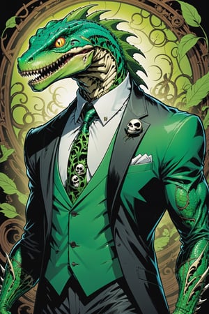 midshot, cel-shading style, centered image, ultra detailed illustration of the comic character ((lizard Spawn by Todd McFarlane)), posing, green, light green, brown, and black suit with a skull emblem, ((Full Body)) ,ornate background, (tetradic colors), inkpunk, ink lines, strong outlines, art by MSchiffer, bold traces, unframed, high contrast, cel-shaded, vector, 4k resolution, best quality, (chromatic aberration:1.8)