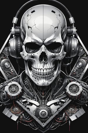 

A mesmerizing, ultra-detailed illustration  in a It's just three mens characters cyborg skull robot portrait inside a triangle, they mixing, like tekno tribe visual free party with speaker and sub bass around him, audio speaker sono Inside and Intricate cable and electronic device in vector illustration design, black and withe, no grey level, illustration with black background no gradient, logo style, for printing ready, in a powerful pose, High-key lighting illuminates the scene, showcasing the perfect anatomy, Strong outlines and bold traces define the cel-shaded, vector illustration, rendered in 4K resolution. The overall atmosphere is unsettling yet motivational, evoking the styles of Glenn Brown, Carne Griffiths, Alex Ross, Artgerm, James Jean Bangs, and Todd McFarlane.