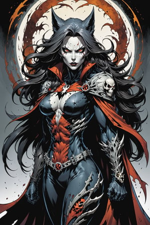 midshot, cel-shading style, centered image, ultra detailed illustration of the comic character ((female Spawn Wolf lady, by Todd McFarlane)), posing, long black long hair, Gray rust, and black suit with a skull emblem, rust flowing cape, ((view from Behind she’s looking over her shoulder)),  ((Full Body)), (tetradic colors), inkpunk, ink lines, strong outlines, art by MSchiffer, bold traces, unframed, high contrast, cel-shaded, vector, 4k resolution, best quality, (chromatic aberration:1.8)
