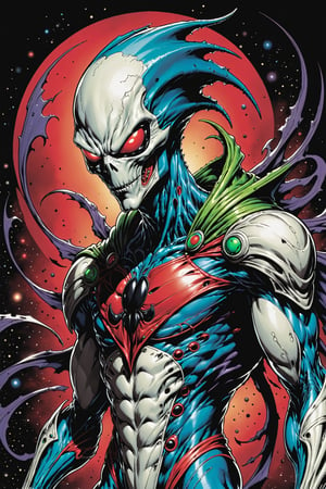 midshot, cel-shading style, centered image, ultra detailed illustration of the comic character ((male Spawn Space Alien, by Todd McFarlane)), posing, in creepy alien space suit, ((Half Body)), (tetradic colors), inkpunk, ink lines, strong outlines, art by MSchiffer, bold traces, unframed, high contrast, cel-shaded, vector, 4k resolution, best quality, (chromatic aberration:1.8)