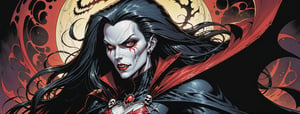 midshot, cel-shading style, centered image, ultra detailed illustration of the comic character ((female Spawn Dracula, by Todd McFarlane)), posing, she has long black hair, black suit with a skull emblem, long flowing cape, ((Half Body)), (tetradic colors), inkpunk, ink lines, strong outlines, art by MSchiffer, bold traces, unframed, high contrast, cel-shaded, vector, 4k resolution, best quality, (chromatic aberration:1.8)