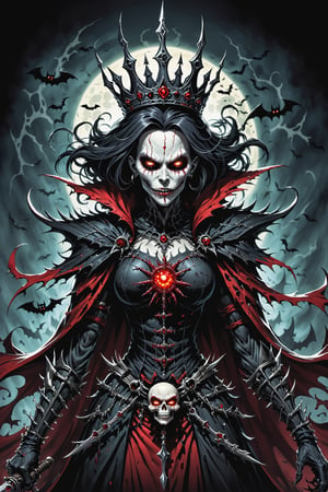 midshot, cel-shading style, centered image, ultra detailed illustration of the comic character (( female Spawn  Halloween-style fantasy world image featuring a terrifying undead Queen with a skull face and glowing red eyes. Envision the Queen adorned in torn black and red dark clothes, wielding a deadly, sinister spiky weapon. Specify a dark fantasy-style atmosphere with chilling details, capturing the sinister essence of this undead monarch. Request a visually striking composition that blends the elements of horror and fantasy, creating a haunting masterpiece perfect for the Halloween theme by, Todd McFarlane)), posing,  he has black  in traditional Indian attire with a skull emblem, ((holding a A spear)),  (((Full Body))), (((perfect hands))),(((realistic hands))),(((accurate hands))), (tetradic colors), inkpunk, ink lines, strong outlines, art by MSchiffer, bold traces, unframed, high contrast, cel-shaded, vector, 4k resolution, best quality, (chromatic aberration:1.8)