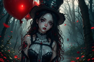 (masterpiece, high quality, 8K resolution). higly stylized and detailed close up anime portrait with mystic and horror embience. A hauntingly beautiful illustration unfolds:  A melancholic gothic clown girl wearing a striped black-and-white outfit, holding red and black balloons. Her long, wavy hair flows beneath a tilted top hat with matching black-and-white stripes. She has pale skin with dark makeup and a stitched smile painted across her face. A heart tattoo decorates her arm, adding a touch of fragile beauty. The background is a hazy, mist-filled forest with soft, glowing bokeh lights, creating an eerie yet enchanting atmosphere. Red petals drift in the air, enhancing the melancholic mood.