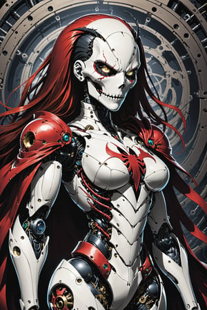 midshot, cel-shading style, centered image, ultra detailed illustration of the comic character ((Female Spawn  large Mechanoid robot by Todd McFarlane)), posing, bronze, white, and black suit with a skull emblem, (((view from behind he is looking over her shoulder))), ((Full Body)), ornate background, (tetradic colors), inkpunk, ink lines, strong outlines, art by MSchiffer, bold traces, unframed, high contrast, cel-shaded, vector, 4k resolution, best quality, (chromatic aberration:1.8)