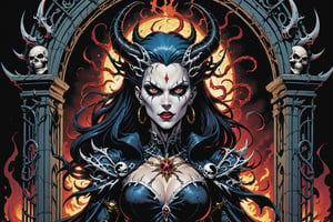 midshot, cel-shading style, centered image, ultra detailed illustration of the comic character ((female Spawn Queen of the Damned by Todd McFarlane)), posing, Black, dress with a skull emblem, ((half Body)), ((the gates of hell in the background)), (tetradic colors), inkpunk, ink lines, strong outlines, art by MSchiffer, bold traces, unframed, high contrast, cel-shaded, vector, 4k resolution, best quality, (chromatic aberration:1.8)