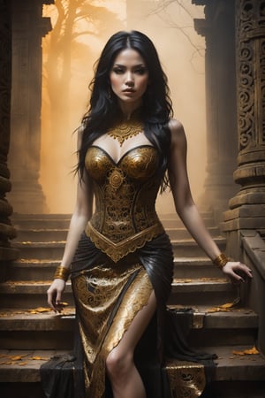 Hauntingly beautiful woman posed on weathered temple steps, shrouded in thick golden fog that morphs into eerie aura. Softly lit by warm orange-golden tones, her pale skin and black hair contrast against dark brown leather attire, complete with intricate filigree patterns. Dripping oil textures add a sense of decay to the scene. Her closed hands cradle her muscular figure, emphasizing its definition. The dramatic lighting casts stark catchlights and shadows, highlighting her haunting beauty amidst the desolate temple backdrop.