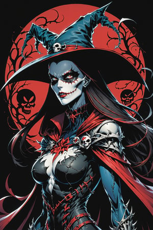 midshot, cel-shading style, centered image, ultra detailed illustration of the comic character ((female Spawn Which by Todd McFarlane)), posing, Black, dress with a skull emblem, ((wearing a large rimmed Single pointed hat)), ((View from Behind she's looking over her shoulder)), ((Full Body)), ((View from behind)), (tetradic colors), inkpunk, ink lines, strong outlines, art by MSchiffer, bold traces, unframed, high contrast, cel-shaded, vector, 4k resolution, best quality, (chromatic aberration:1.8)