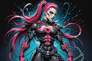 midshot, cel-shading style, centered image, ultra detailed illustration of the comic character ((female Spawn warrior woman, by Todd McFarlane)), posing, extremely muscular overly muscular large breast extremely extremely muscular, black, neon pink, suit with a belt with a skull on it, long pale pink hair in a tall, single ponytail, ((view from Behind she’s looking over her shoulder)),  ((Full Body)), ((view from behind)), ((holding chains in her hand)), splatters of paint in the background glowing neon, perfect hands, (tetradic colors), inkpunk, ink lines, strong outlines, art by MSchiffer, bold traces, unframed, high contrast, cel-shaded, vector, 4k resolution, best quality, (chromatic aberration:1.8)