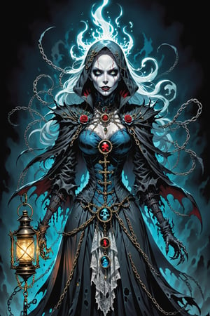 midshot, cel-shading style, centered image, ultra detailed illustration of the comic character ((female Spawn Victorian horror theme, a character of a spectral figure known as the "Haunted Harbinger", a ghostly apparition of a long-dead aristocrat, wears a tattered once-opulent suit adorned with decayed medals and frayed lace, translucent skin glows with an ethereal blue light,  eyes are empty sockets that emit a ghostly mist, chains hang from its wrists and ankles dragging along the ground with a haunting clatter, twisted face in eternal agony, carries a spectral lantern that casts an eerie flickering light by, Todd McFarlane)), posing,  with a skull emblem, ((holding a spear)), (((Full Body))), (tetradic colors), inkpunk, ink lines, strong outlines, art by MSchiffer, bold traces, unframed, high contrast, cel-shaded, vector, 4k resolution, best quality, (chromatic aberration:1.8)