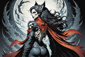 midshot, cel-shading style, centered image, ultra detailed illustration of the comic character ((female Spawn Wolf lady, by Todd McFarlane)), posing, long black long hair, Gray rust, and black suit with a skull emblem, rust flowing cape, ((view from Behind she’s looking over her shoulder)),  ((she has a wolf snout)), ((Full Body)), ((view from behind)), ((perfect hands)), (tetradic colors), inkpunk, ink lines, strong outlines, art by MSchiffer, bold traces, unframed, high contrast, cel-shaded, vector, 4k resolution, best quality, (chromatic aberration:1.8)