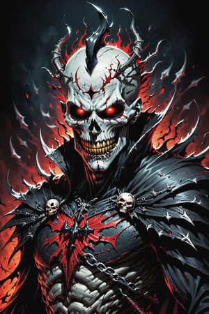 midshot, cel-shading style, centered image, ultra detailed illustration of the comic character (( Spawn   Halloween-style fantasy world image featuring a terrifying undead king with a skull face and glowing red eyes. Envision the king adorned in torn black and red dark clothes, wielding a deadly, sinister spiky weapon. Specify a dark fantasy-style atmosphere with chilling details, capturing the sinister essence of this undead monarch. Request a visually striking composition that blends the elements of horror and fantasy, creating a haunting masterpiece perfect for the Halloween theme by, Todd McFarlane)), posing,  he has black  in traditional Indian attire with a skull emblem, ((holding a A spear)),  (((Full Body))), (((perfect hands))),(((realistic hands))),(((accurate hands))), (tetradic colors), inkpunk, ink lines, strong outlines, art by MSchiffer, bold traces, unframed, high contrast, cel-shaded, vector, 4k resolution, best quality, (chromatic aberration:1.8)