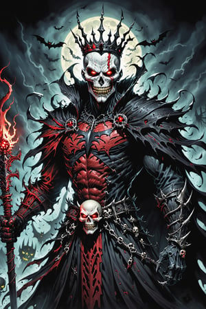 midshot, cel-shading style, centered image, ultra detailed illustration of the comic character (( Spawn   Halloween-style fantasy world image featuring a terrifying undead king with a skull face and glowing red eyes. Envision the king adorned in torn black and red dark clothes, wielding a deadly, sinister spiky weapon. Specify a dark fantasy-style atmosphere with chilling details, capturing the sinister essence of this undead monarch. Request a visually striking composition that blends the elements of horror and fantasy, creating a haunting masterpiece perfect for the Halloween theme by, Todd McFarlane)), posing,  he has black  in traditional Indian attire with a skull emblem, ((holding a A spear)),  (((Full Body))), (((perfect hands))),(((realistic hands))),(((accurate hands))), (tetradic colors), inkpunk, ink lines, strong outlines, art by MSchiffer, bold traces, unframed, high contrast, cel-shaded, vector, 4k resolution, best quality, (chromatic aberration:1.8)