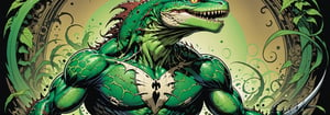 midshot, cel-shading style, centered image, ultra detailed illustration of the comic character ((lizard Spawn by Todd McFarlane)), posing, green, light green, brown, and black body suit with a skull emblem, ((Full Body)) ,ornate background, (tetradic colors), inkpunk, ink lines, strong outlines, art by MSchiffer, bold traces, unframed, high contrast, cel-shaded, vector, 4k resolution, best quality, (chromatic aberration:1.8)