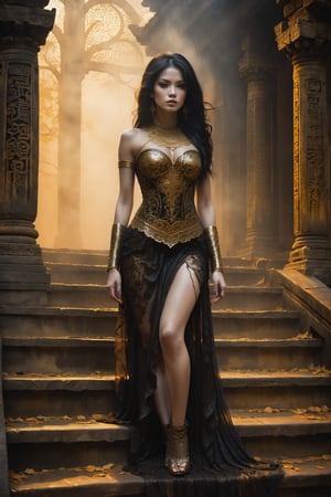 Hauntingly beautiful woman posed on weathered temple steps, shrouded in thick golden fog that morphs into eerie aura. Softly lit by warm orange-golden tones, her pale skin and black hair contrast against dark brown leather attire, complete with intricate filigree patterns. Dripping oil textures add a sense of decay to the scene. Her closed hands cradle her muscular figure, emphasizing its definition. The dramatic lighting casts stark catchlights and shadows, highlighting her haunting beauty amidst the desolate temple backdrop.