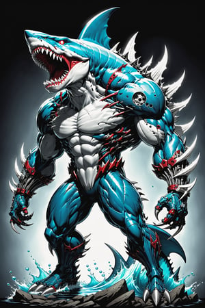 midshot, cel-shading style, centered image, ultra detailed illustration of the comic character ((Spawn , A cyborg Megalodon combines raw natural power with advanced technology. This fearsome creature features a blend of organic scales and sleek metallic components. His limbs are reinforced with steel plating and hydraulic joints, enhancing its strength and agility. Cybernetic eyes glow with a menacing light, capable of night vision and advanced targeting. The Megalodon claws are replaced with razor-sharp. This fusion of beast and machine creates a formidable predator, both in the wild and in combat scenarios.,exosuit, by Todd McFarlane)), posing, with a skull emblem,   (((Full Body))), accent color, gray,white, black and blue, (tetradic colors), inkpunk, ink lines, strong outlines, art by MSchiffer, bold traces, unframed, high contrast, cel-shaded, vector, 4k resolution, best quality, (chromatic aberration:1.8)