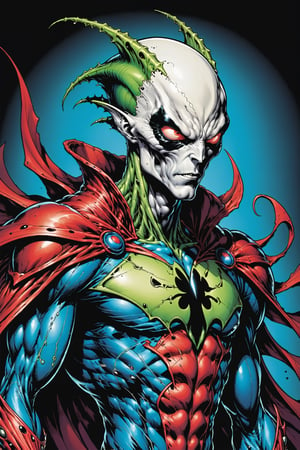 midshot, cel-shading style, centered image, ultra detailed illustration of the comic character ((male Spawn Space Alien, by Todd McFarlane)), posing, ((Half Body)), (tetradic colors), inkpunk, ink lines, strong outlines, art by MSchiffer, bold traces, unframed, high contrast, cel-shaded, vector, 4k resolution, best quality, (chromatic aberration:1.8)