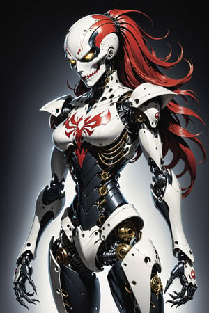 midshot, cel-shading style, centered image, ultra detailed illustration of the comic character ((Female Spawn  large Mechanoid robot by Todd McFarlane)), posing, bronze, white, and black suit with a skull emblem, ((view from behind she was looking over her shoulder)), ((Full Body)), ((view from behind)), ornate background, (tetradic colors), inkpunk, ink lines, strong outlines, art by MSchiffer, bold traces, unframed, high contrast, cel-shaded, vector, 4k resolution, best quality, (chromatic aberration:1.8)