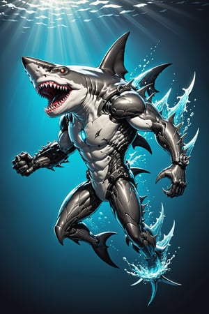 midshot, cel-shading style, centered image, ultra detailed illustration of the comic character ((Spawn , A cyborg (((Hammerhead shark))) combines raw natural power with advanced technology. This fearsome creature features a blend of organic scales and sleek metallic components. His limbs are reinforced with steel plating and hydraulic joints, enhancing its strength and agility. Cybernetic eyes glow with a menacing light, capable of night vision and advanced targeting. (((The Hammerhead  shark))) claws are replaced with razor-sharp. This fusion of beast and machine creates a formidable predator, both in the wild and in combat scenarios.,exosuit, by Todd McFarlane)), posing, with a skull emblem,   (((Full Body))), accent color, gray,white, black and blue, (tetradic colors), inkpunk, ink lines, strong outlines, art by MSchiffer, bold traces, unframed, high contrast, cel-shaded, vector, 4k resolution, best quality, (chromatic aberration:1.8)