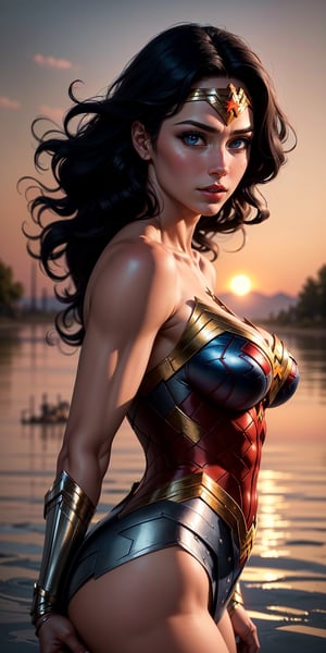 1woman, Wonder Woman, (((floating in the air))),(((flying in the air))), (((flying))),((full body)), ((sunset behind her)),(intricate details, makeup), (delicate and beautiful delicate face, delicate and beautiful delicate eyes, perfectly proportioned face), delicate skin, strong and realistic blue eyes, realistic black hair, lips, makeup, natural skin texture, tiara, jewelry, (star), \(symbol\),(((leotard))), (((wonder woman uniform))), gauntlet, red boots, golden girdle, (public clothing: 1.5), bare shoulders, slightly sunburned complexion, mature, sexy, toned muscles, (muscles:1.2), (((floating in the sky))),((strong and healthy body)), ((((more) muscles))), long legs, curves, (big breasts: 1.3), thin waist, soft waist, (delicate skin), (beautiful and sexy woman), (swollen lips: 0.9), very delicate muscles, standing,(realistic: 1.5), photorealistic, octane rendering, hyperrealistic, tight modeling, (photorealistic face: 1.2), thick eyelashes, long eyelashes, (curly dark hair: 1.1), best quality, half smile, (looking at the viewer), sharp focus, (4k), (masterpiece), (best quality), fantasy, extremely detailed, intricate, hyper detailed, (perfect face), illustration, soft lighting,(specular lighting:1.4), blue eyes, absurdly photorealistic, ultra high resolution, intricate, hyperdetailed, (skindentation), female, detailed body, (detailed face: 1.1), (outlined iris), (hydrocolor lenses), (perfect eyes), 4k, gorgeous, (masterpiece: 1.2), (best quality:1.2),