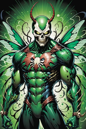 midshot, cel-shading style, centered image, ultra detailed illustration of the comic character ((Insect Spawn by Todd McFarlane)), posing, green, light green, brown, and black suit with a skull emblem, ((Full Body)), ornate background, (tetradic colors), inkpunk, ink lines, strong outlines, art by MSchiffer, bold traces, unframed, high contrast, cel-shaded, vector, 4k resolution, best quality, (chromatic aberration:1.8)