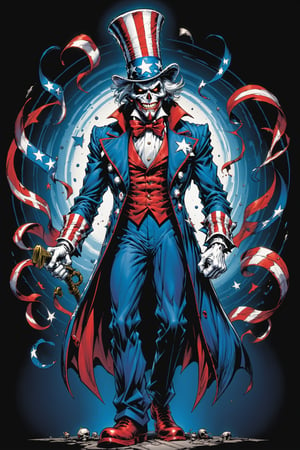 midshot, cel-shading style, centered image, ultra detailed illustration of the comic character ((Spawn Uncle Sam, by Todd McFarlane)), posing, Red white and blue, suit with a skull emblem,  ((Full Body)), (tetradic colors), inkpunk, ink lines, strong outlines, art by MSchiffer, bold traces, unframed, high contrast, cel-shaded, vector, 4k resolution, best quality, (chromatic aberration:1.8)
