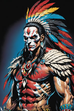 midshot, cel-shading style, centered image, ultra detailed illustration of the comic character ((male Spawn American Indian, by Todd McFarlane)), posing,  he has black  in traditional Indian attire with a skull emblem, ((Half Body)), (tetradic colors), inkpunk, ink lines, strong outlines, art by MSchiffer, bold traces, unframed, high contrast, cel-shaded, vector, 4k resolution, best quality, (chromatic aberration:1.8)