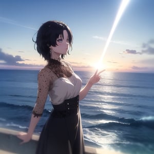 evelyn, pretty, anime style, light, ocean in the background, upshot