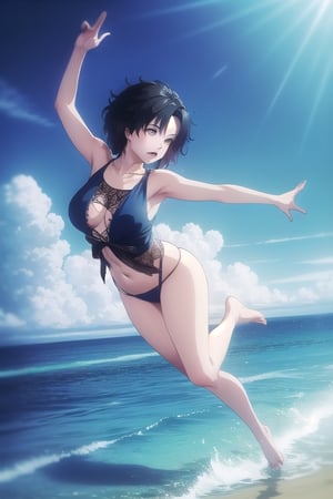 evelyn, pretty, anime style, light, ocean in the background, upshot, full_body, wallpaper