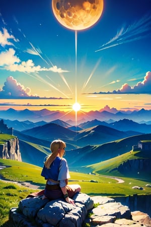 white girl, zelda, anime style, wallpaper, high quality, zeldaSS, fight, zelda sitting over a rock while she see the beauty of the sun on the horizont