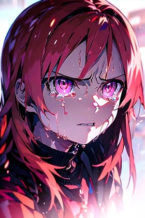 white girl, red hair, angry, tears, anime style, wallpaper, high quality
