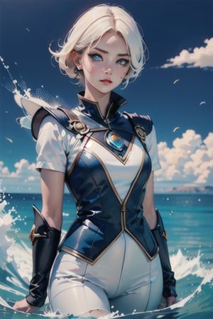  high quality,High detailed , beautiful white woman seeing at the camera, blue eye, colors,anime style,mid body,25D_Loras, water, awesome background