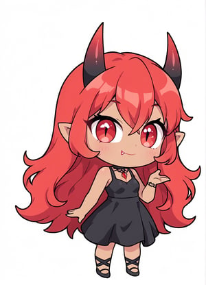 Woman, demon girl, cute face, dark skin, red long hair, red eyes, sexy demon girl, black_dress,possmach,chibi, chibi style