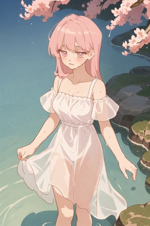 (1girl), long white hair, pink eyes, white transparent dress, wet dress, embarrassment, pink cheeks, pink shoulders, water, sakura, pink