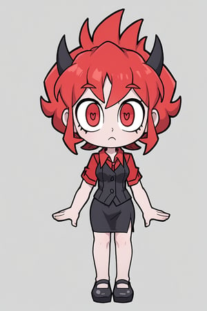 Woman, demon girl, cute face, dark skin, red hair, red eyes, sexy demon girl, black_dress,possmach,Helltaker style, full body