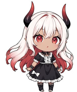 Woman, demon girl, cute face, dark skin, red long hair, red eyes, sexy demon girl, black_dress,possmach,chibi, chibi style