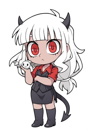 Woman, demon girl, cute face, dark skin, red long hair, red eyes, sexy demon girl, black_dress,possmach,Helltaker style, full body, chibi style