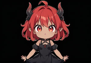 Woman, demon girl, cute face, dark skin, red hair, red eyes, sexy demon girl, black_dress