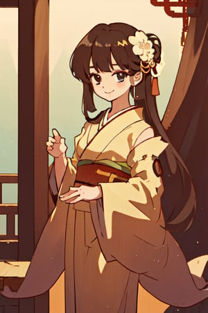 1 girl, solo, long hair, smile, black hair, hair ornament, flower, detached sleeves, japanese clothes, hair flower, kimono, black eyes,Sayo,Unun_girl 