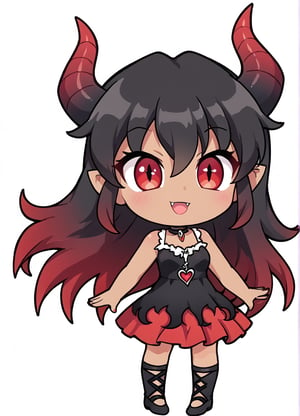 Woman, demon girl, cute face, dark skin, red long hair, red eyes, sexy demon girl, black_dress,possmach,chibi, chibi style